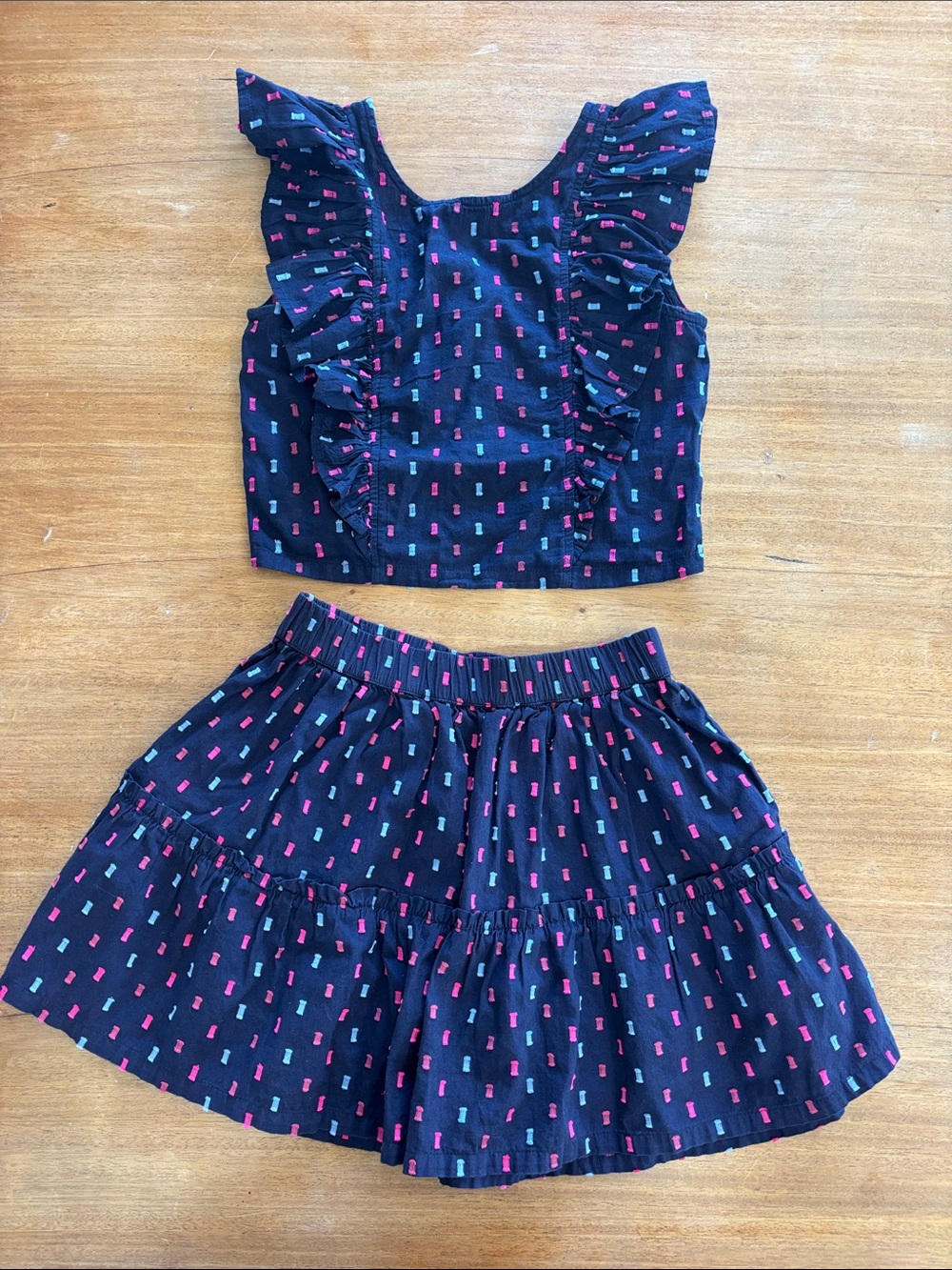 GAP Navy Two-Piece Ruffle Top & Tiered Skirt with Pink & Teal Dot Print